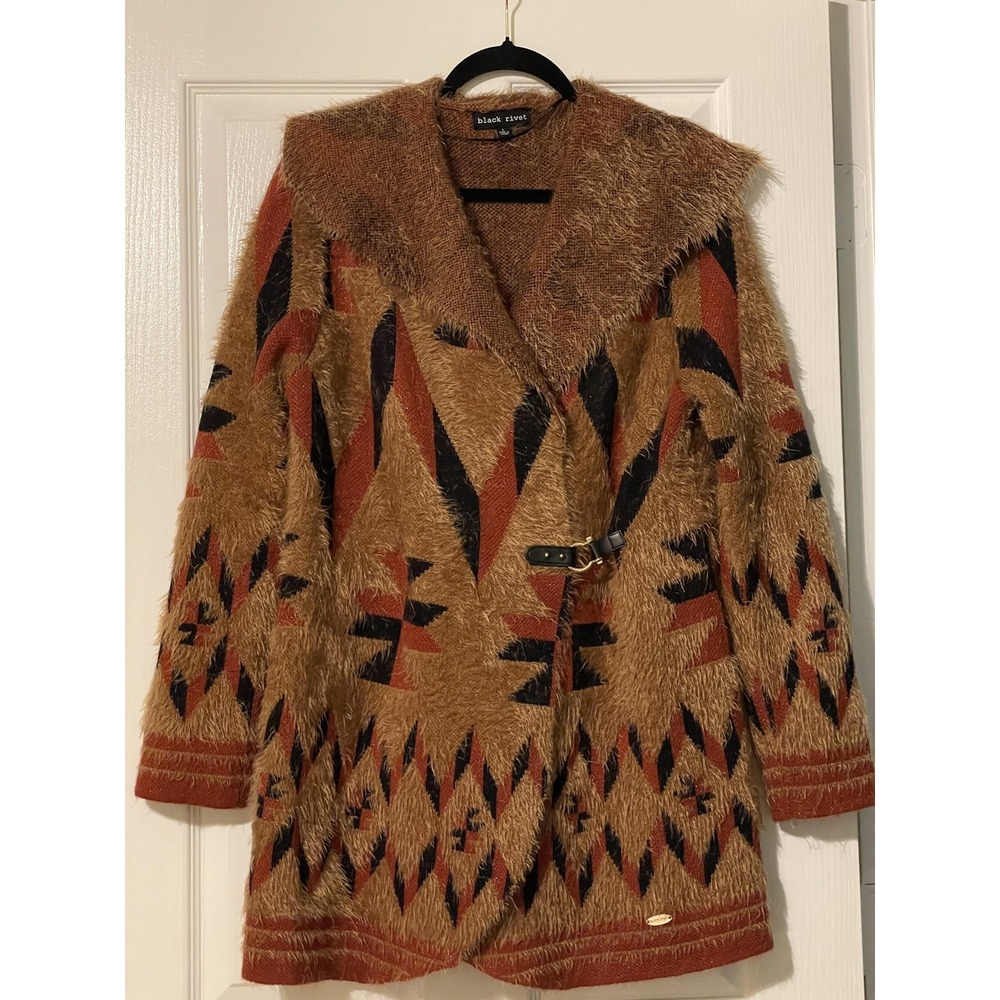 Black Rivet Coatigan Womens  Brown Aztec Fuzzy Knit Buckle Mid Length